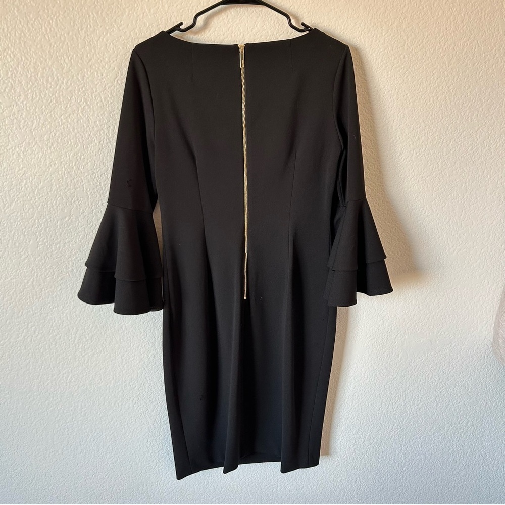 Calvin Klein Black Bell Sleeve Semi, Formal Midi Dress with Gold Accents - Picture 3 of 8